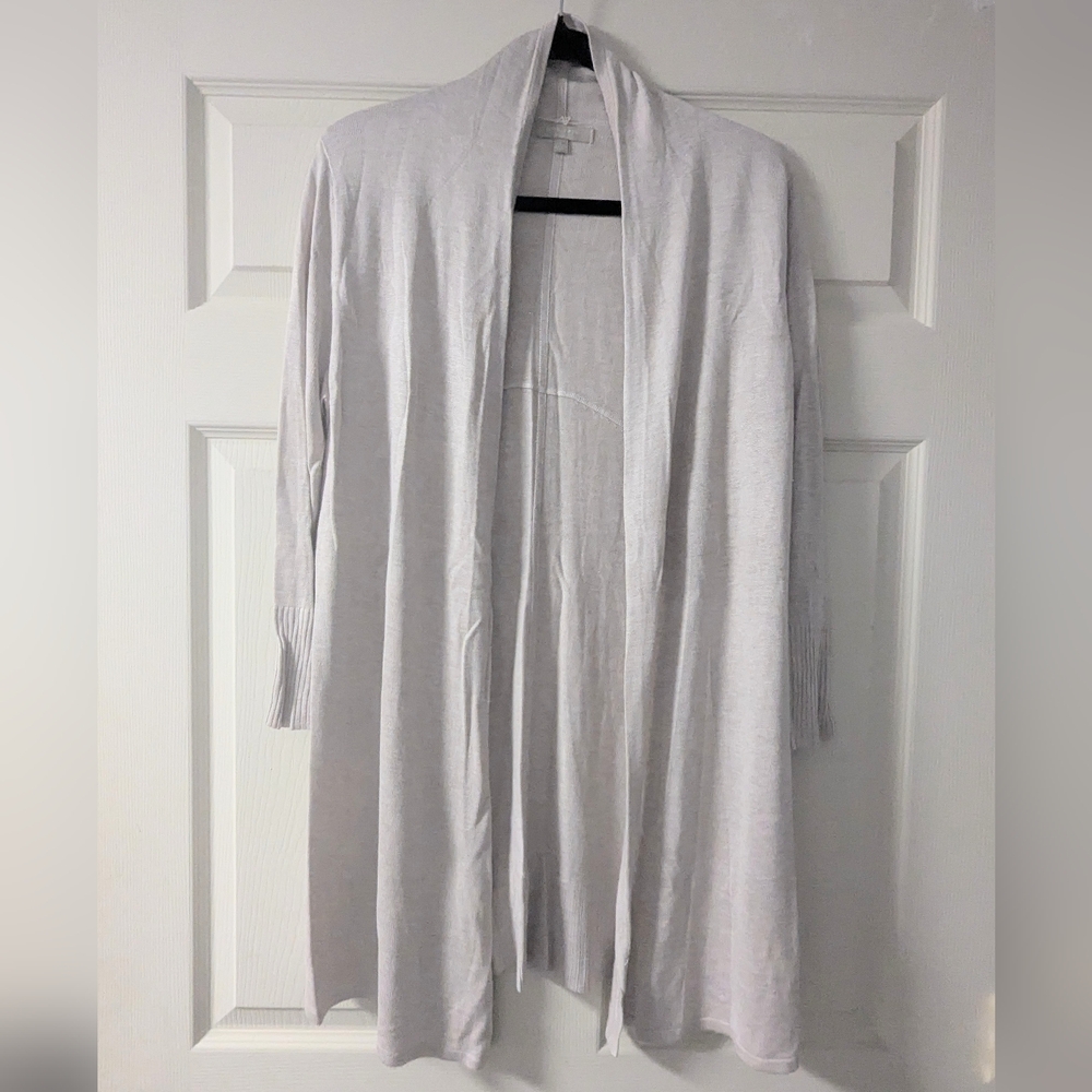 Beige Longline Long Cardigan Joan Vass Studio Fine Knit Open Front Lightweight